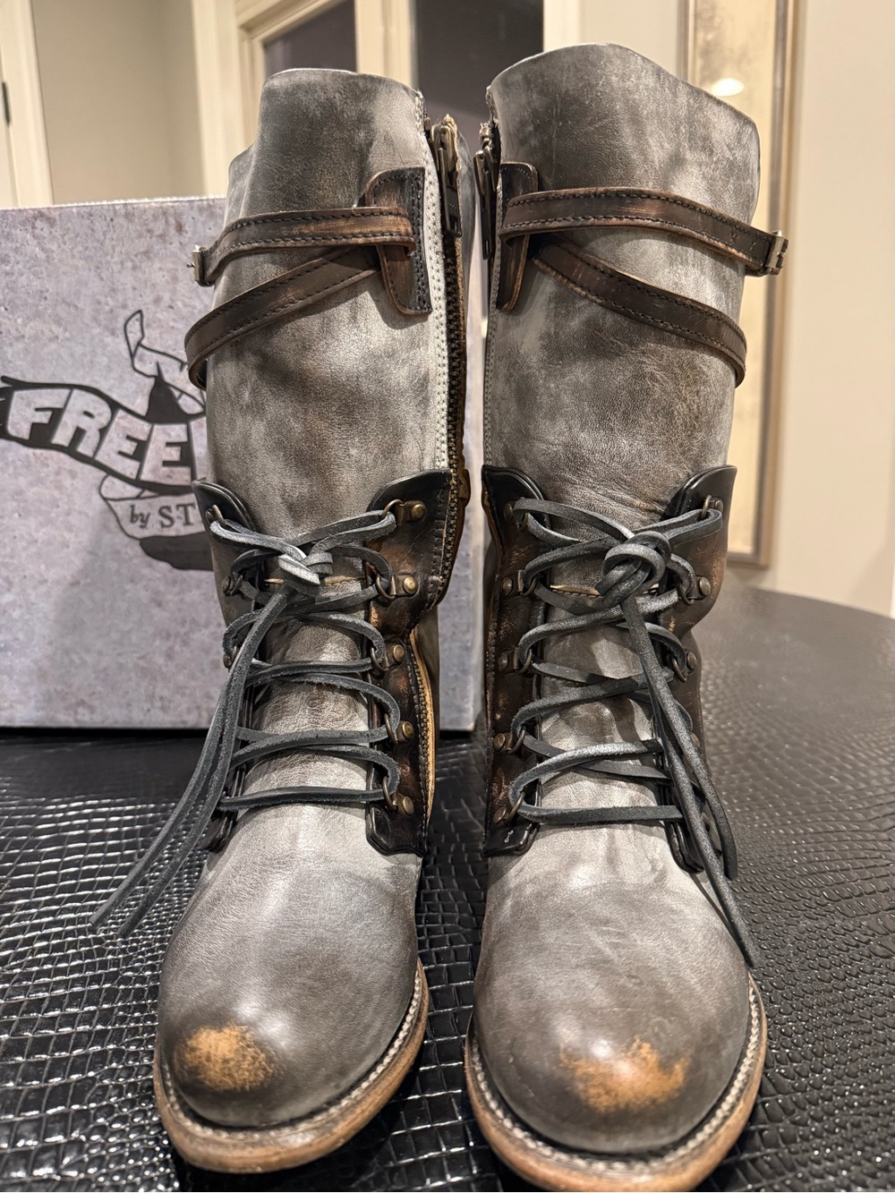 Freebird by Steven Distressed Gray and Brown Lace-Up Women’s Boots